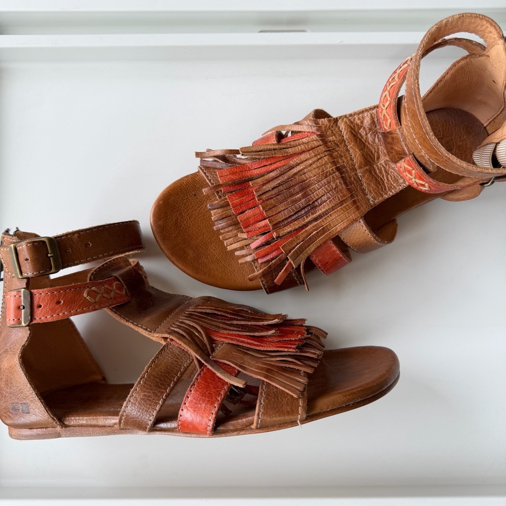 Bed Stu Brown Leather Fringe Sandals with Red Accents